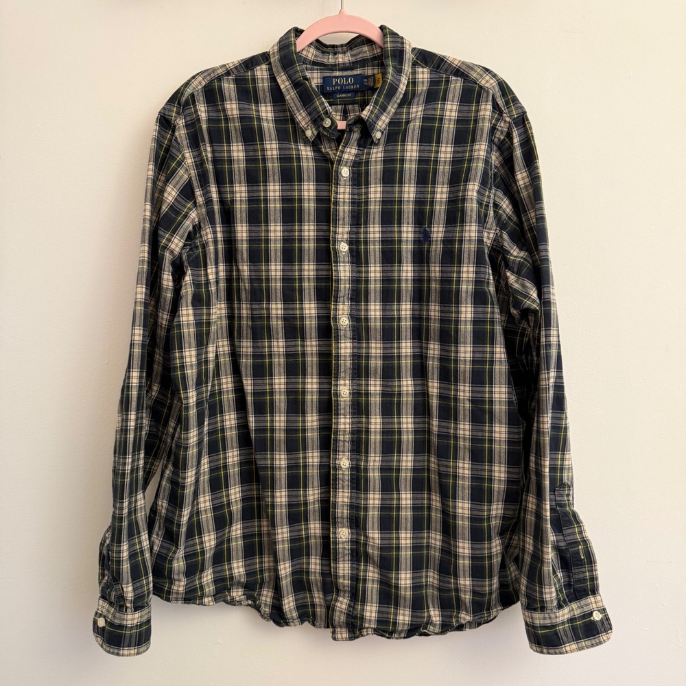Polo Ralph Lauren Mens XXL Classic Fit Plaid Button Down Shirt Navy Green Yellow